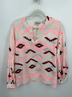 bianca paris embroidered top pink red geometric sz one size‎ modern boho resort